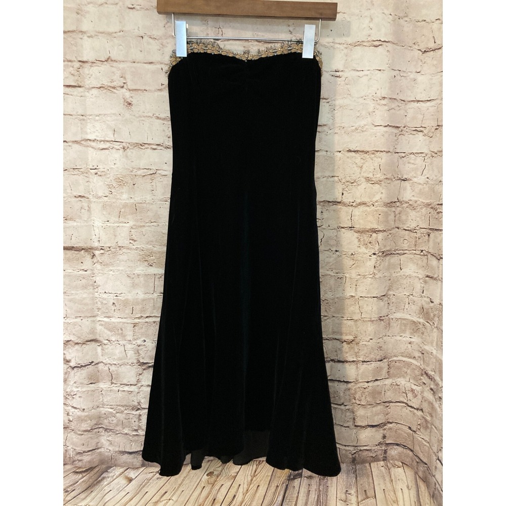 Shoshanna Dress Womens 4 Strapless Black Velvet Silk Gold Trim Sweetheart A-Line